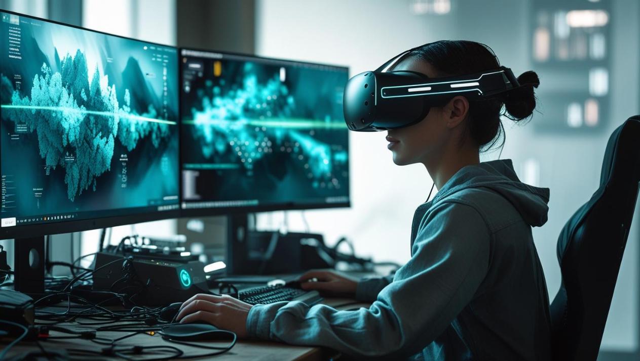 Focused person wearing AR headset analyzing live simulation data on multi-monitor setup.