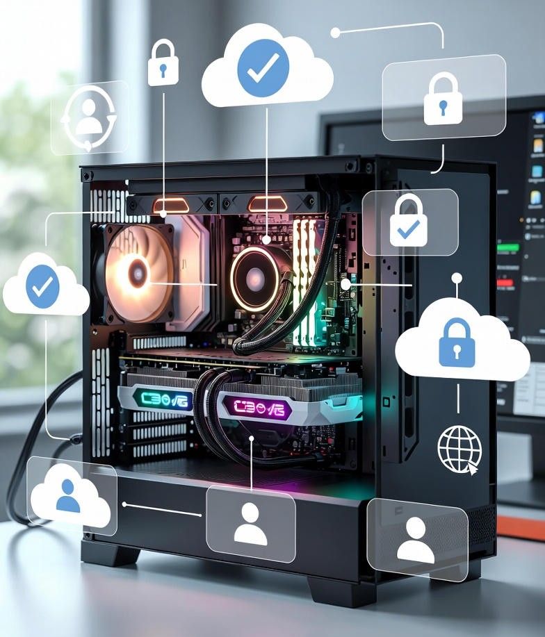 modern PC connected to cloud icons representing digital licensing and accounts