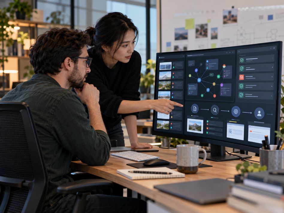 professionals collaborating on a hybrid AI-assisted information discovery system
